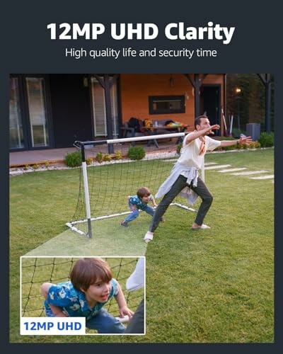 A person and a child playing in a backyard near a soccer goal, highlighting 12MP UHD clarity.
