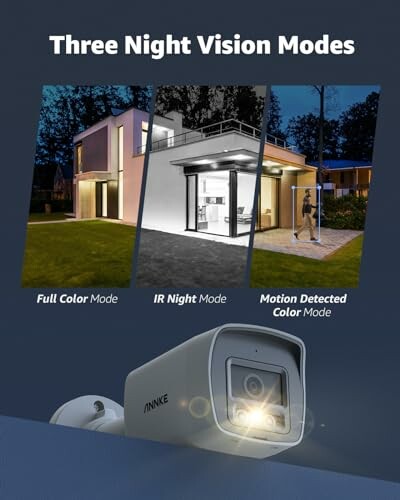 Security camera image showing three night vision modes: full color, IR night, motion detected color.