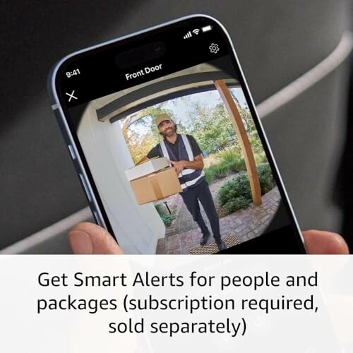 Smartphone displaying a doorbell camera view of a delivery person with a package.